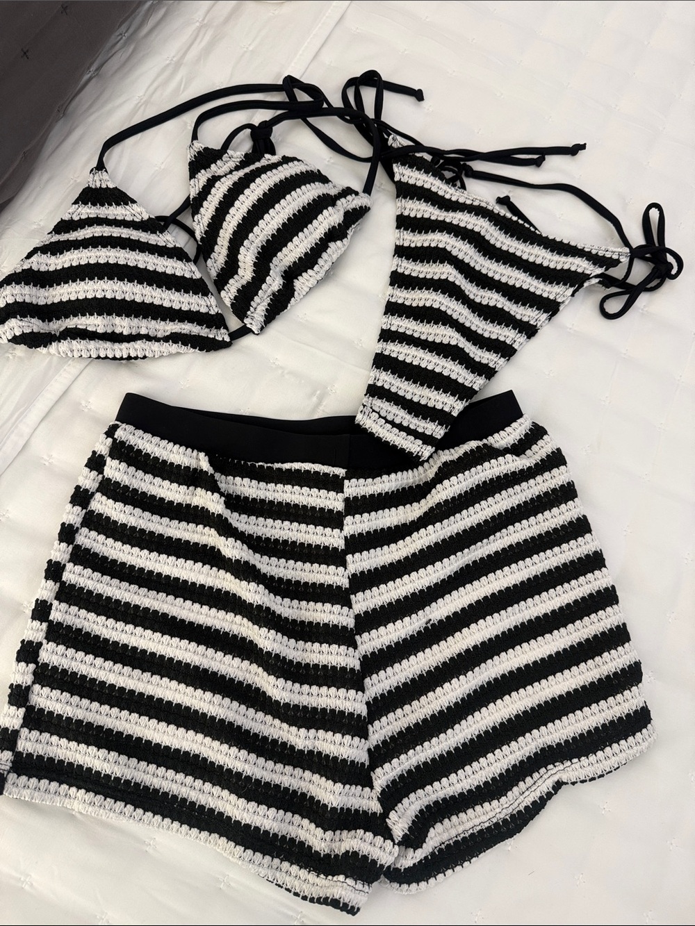 Black & White Crochet Bikini Set with Matching Shorts New